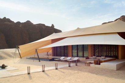 Tent-like hotel suite in Saudi Arabian desert