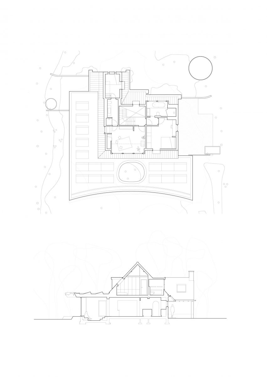 Upper floor plan and section of BD House