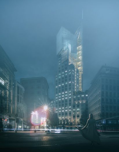 Night view of the Boerentoren tower extension by Studio Libeskind