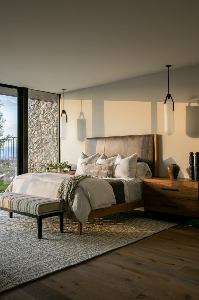 Stone and wood bedroom