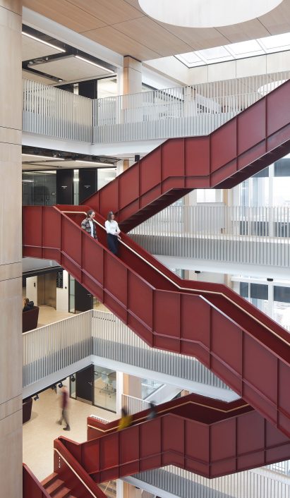 Red staircase in an atrium