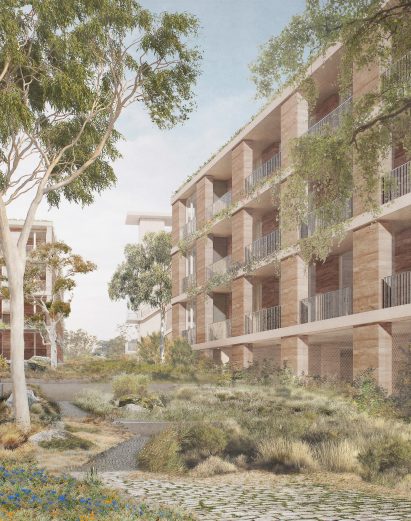 Render of a plant-covered path beside a residential building at Dairy Road