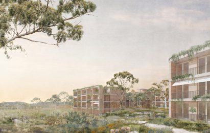 Render of the residential structures by David Chipperfield Architects at Dairy Road