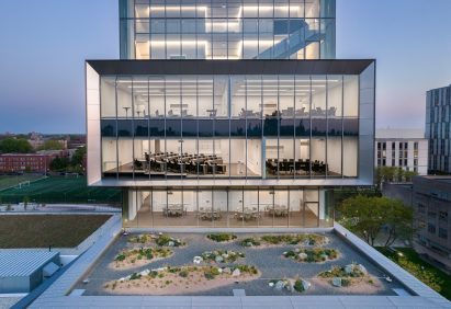 Glass facade of David Rubenstein Forum