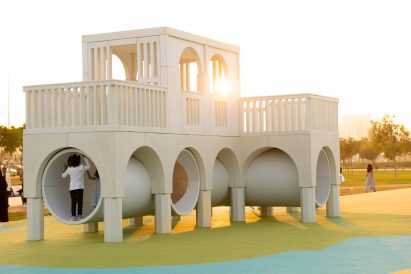 White building on Doha Modern Playground in Doha