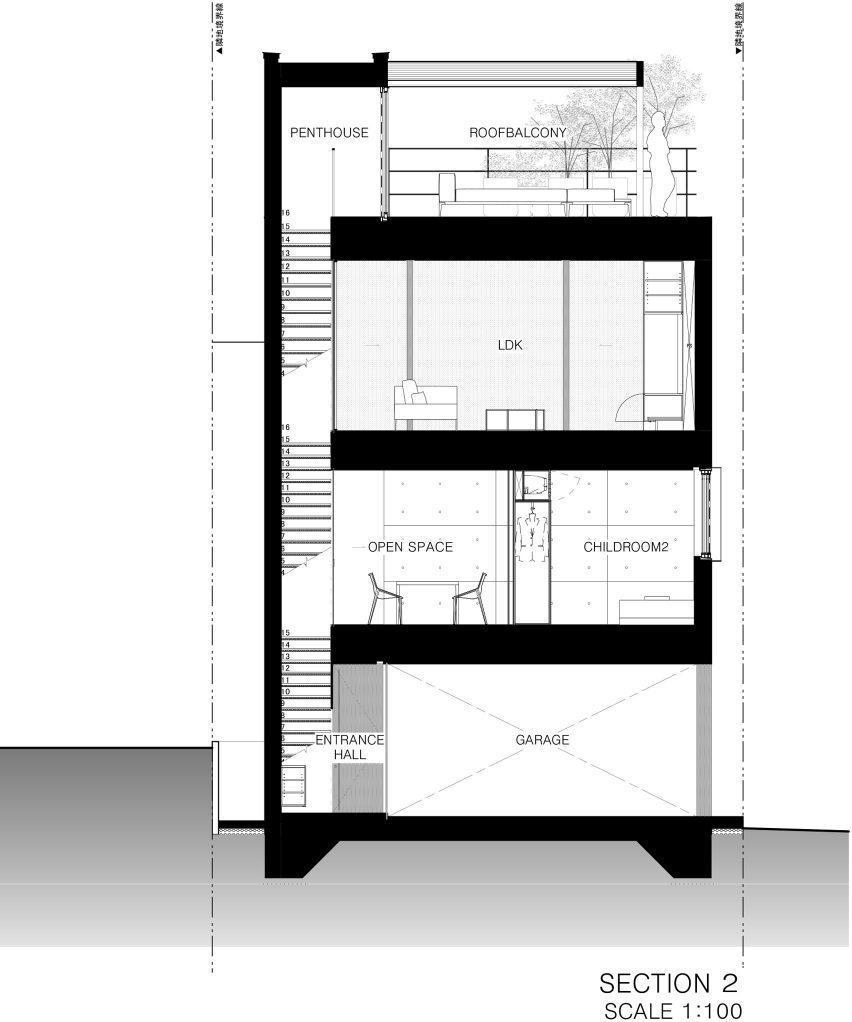 Section of Espirit House in Tokyo by Apollo Architects & Associates