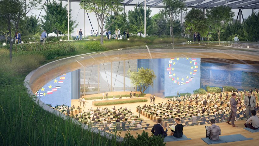 Interior render of the Hemicycle at the Paul-Henri Spaak building