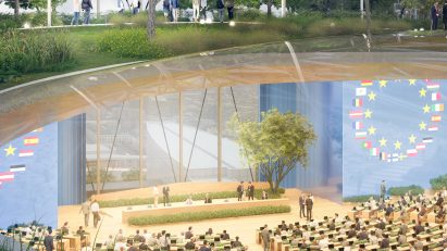 Interior render of the Hemicycle at the Paul-Henri Spaak building