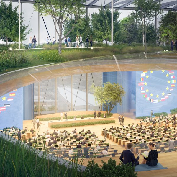 Interior render of the Hemicycle at the Paul-Henri Spaak building
