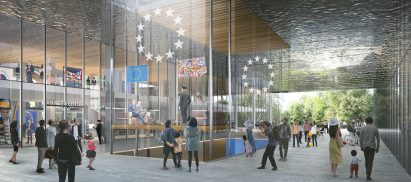 Interior render of people inside the Paul-Henri Spaak building