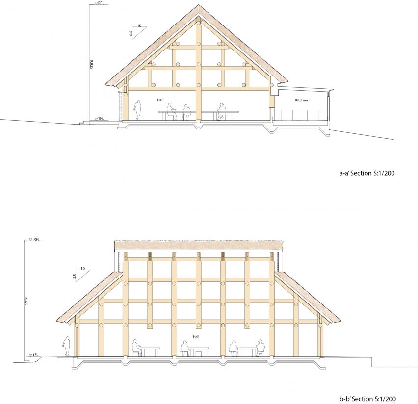 Sections of the Farmer's Restaurant on Awaji Island by Shigeru Ban Architects
