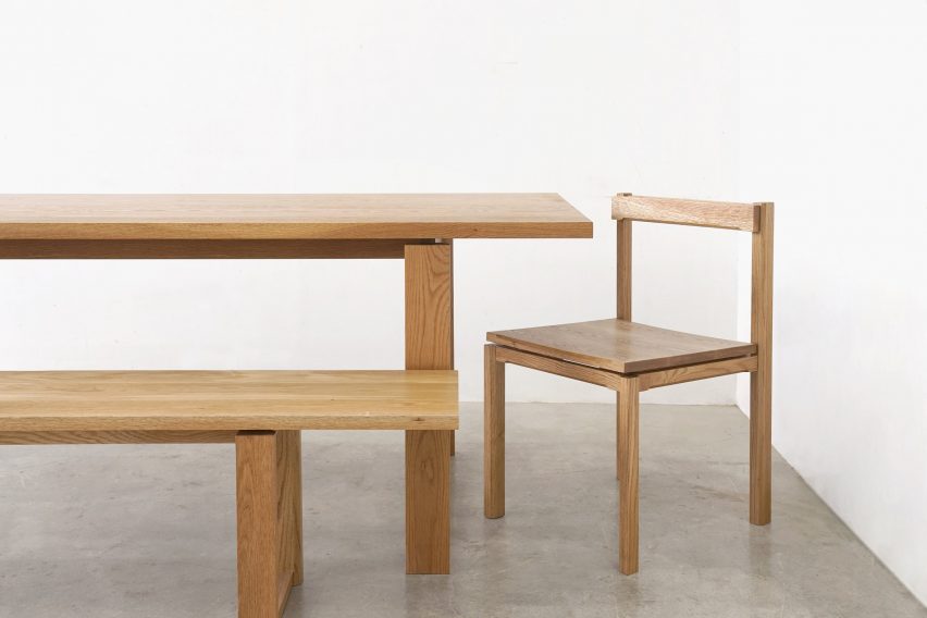 Wooden chairs and bench and around dining chair