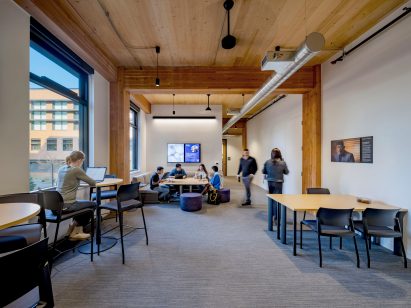 Internal shot of Founders Hall with students working