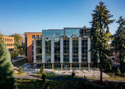 Facade with outdoor student areas