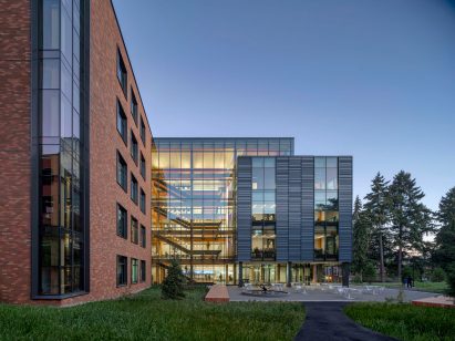 Brick, curtain wall and glass exteriors