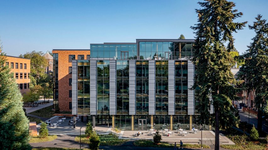 Glass facade of mass timber building in Seattle