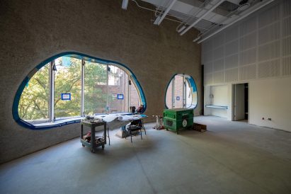 Windows in Gilder Center under construction