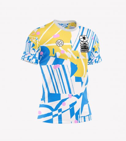 A blue, white and yellow football shirt