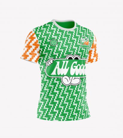 A green and orange patterned football top