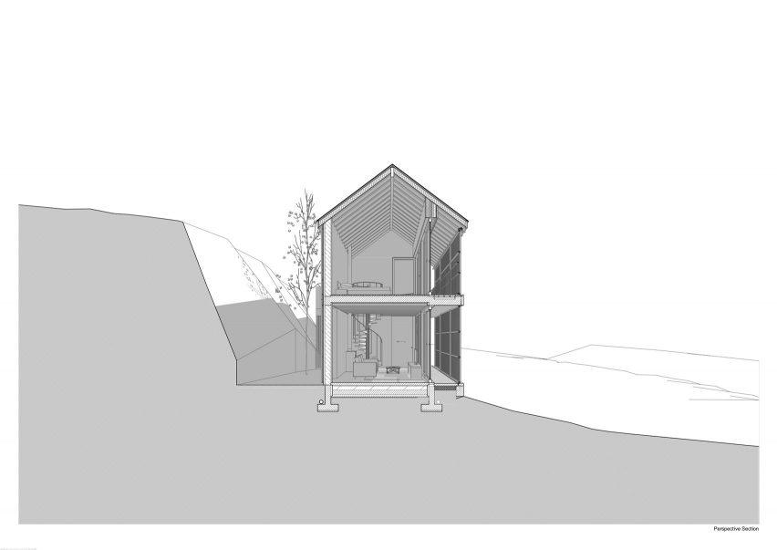 Perspective section, Granary House guesthouse by MIMA Housing