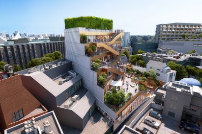 Stepped terraces on the side of retail building