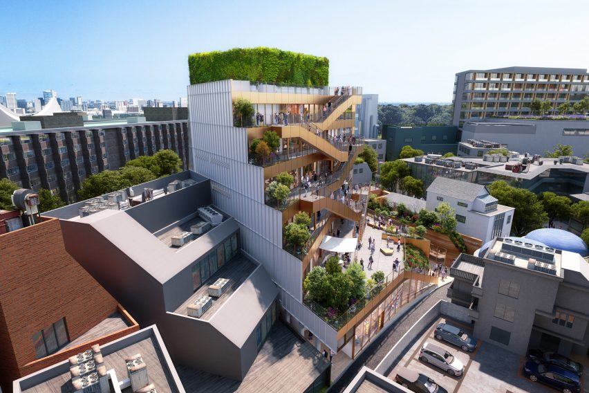 Stepped terraces on the side of retail building
