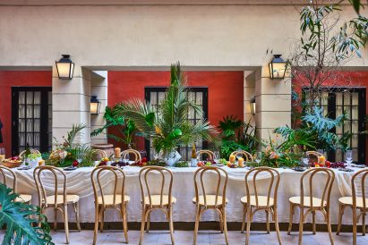 Dining table in outdoor courtyard