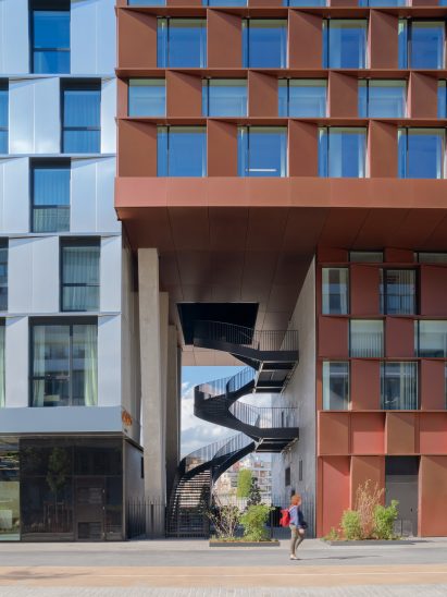 Detail view of checkerboard aluminium facade