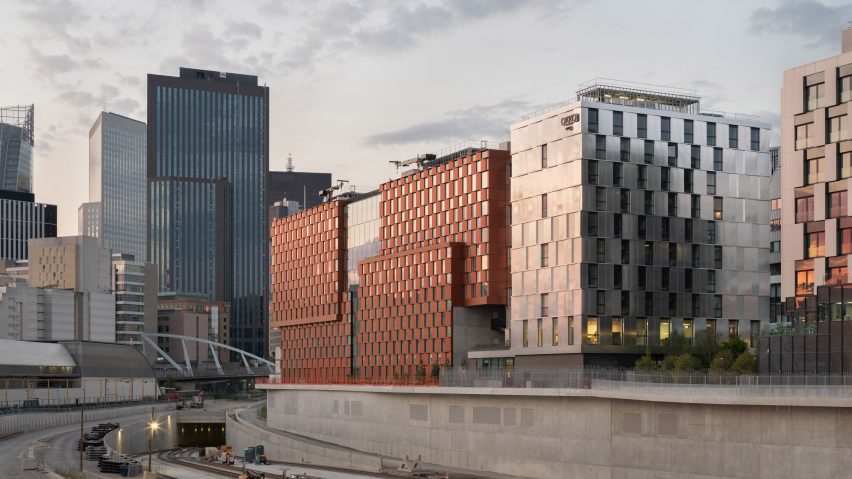 Exterior of InDéfense office and Hôtel OKKO by 3XN in Paris