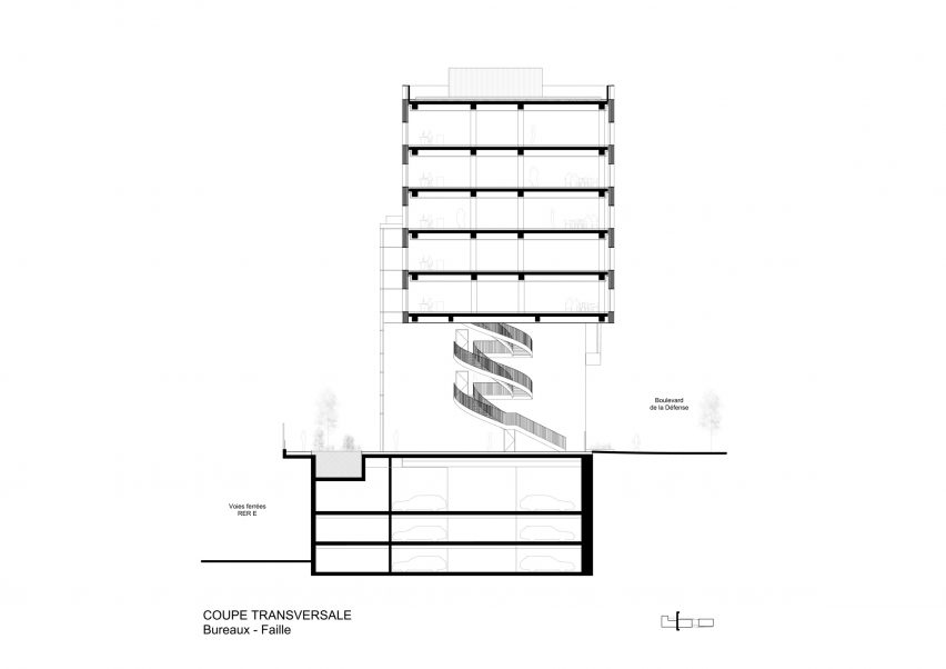 Section of InDéfense office and Hôtel OKKO by 3XN in Paris