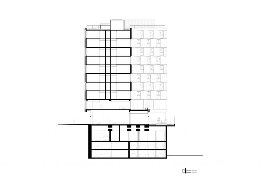 Section of InDéfense office and Hôtel OKKO by 3XN in Paris