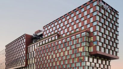 Exterior of InDéfense office and Hôtel OKKO by 3XN in Paris