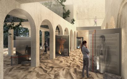 Visualisation of building with archways in sandy environment