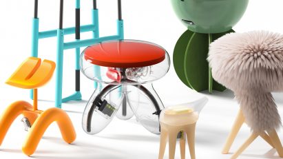 Visualisation of various futuristic furniture pieces on a white backdrop