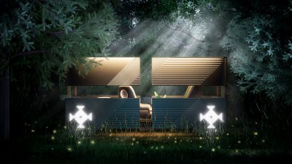 Visualisation of glowing pavilion at night