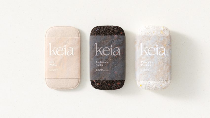Rendering of three different Keia products: LSD Wafers in light pink wheat-based packaging, Ayahuasca Pucks in dark brown leafy packaging and Psilocybin Pastilles in white flecked mycelium packaging