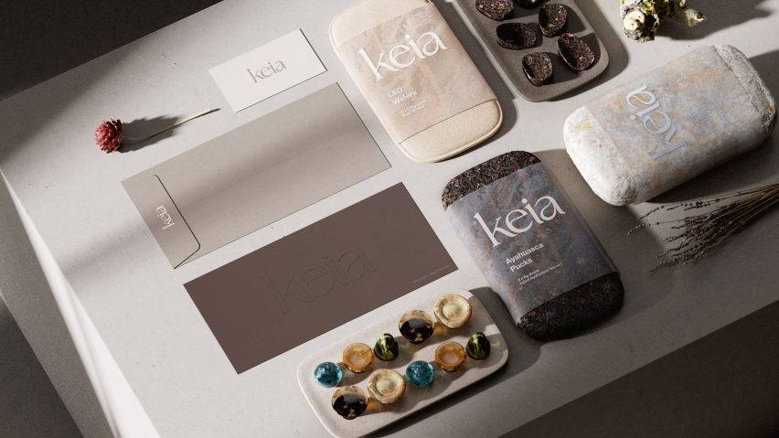 Rendering of a flatlay of several packages in muted earth tones sitting on a table