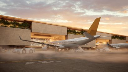 Airplane in front of airport