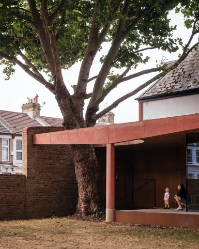 Red-hued concrete colonnade