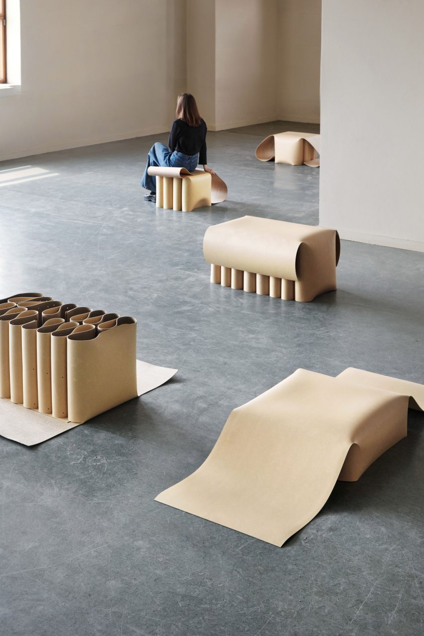Linoleum furniture collection of stools and tables by Lina Chi