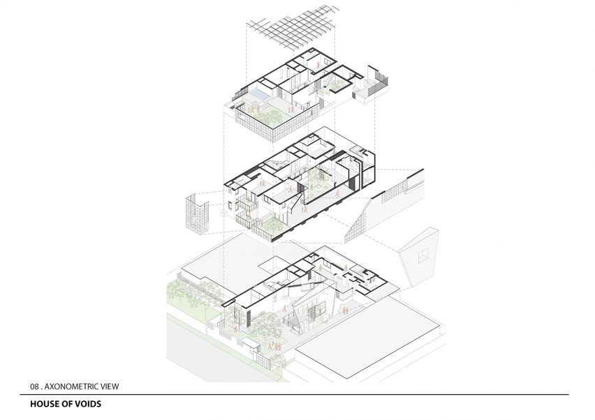 Exploded axonometric drawing of House of Voids by Malik Architecture