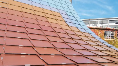 A pavilion roof made of coloured solar panels