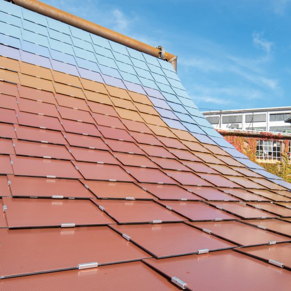 A pavilion roof made of coloured solar panels