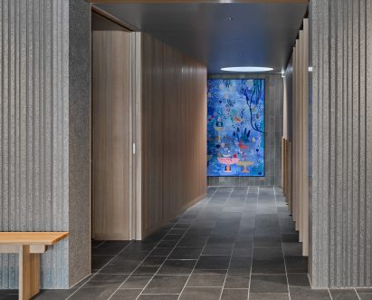 Interior image of a concrete-lined changing area