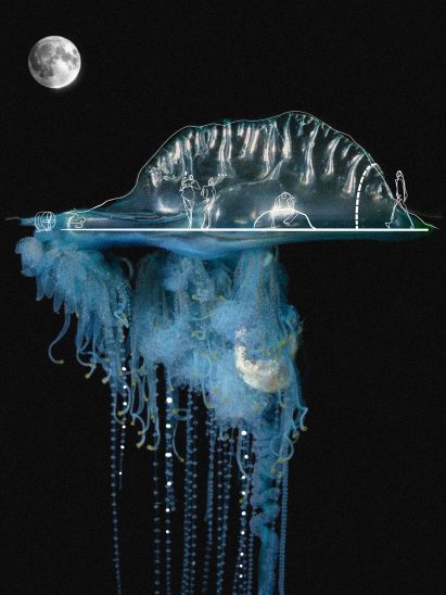 Futuristic jellyfish-looking visualisation on black background