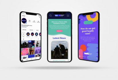 Three smartphones with colourful displays