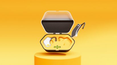 Orange earbud case on yellow backdrop