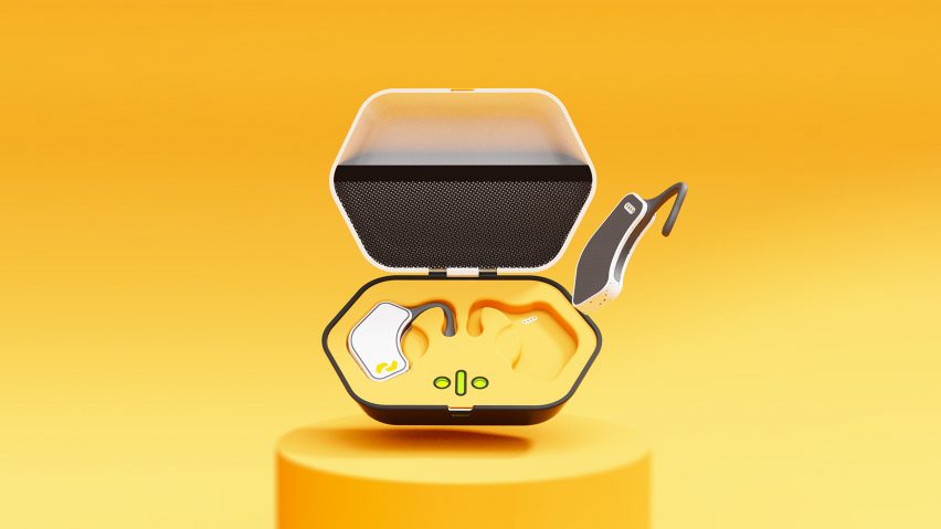 Orange earbud case on yellow backdrop