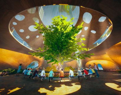 Visualisation of futuristic interior with tree at centre
