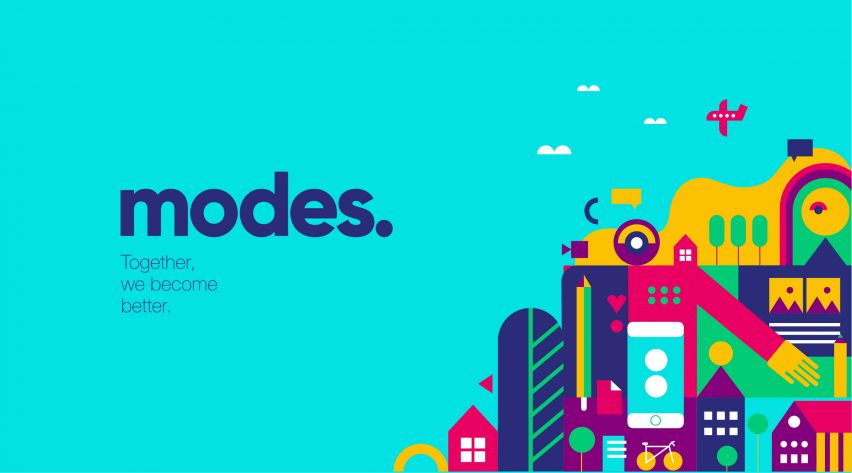 Graphic on bright blue background with brightly coloured city illustration in corner